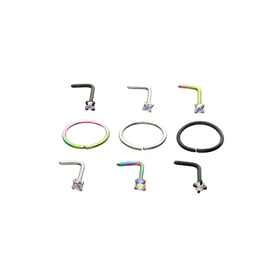Multi-Pack CZ  L Bend and Hoop Nose Rings 9 Pack - 20 Gauge