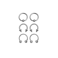 Multi-Pack Silvertone Captive Bead and Horseshoe Rings 3 Pair - 16 Gauge