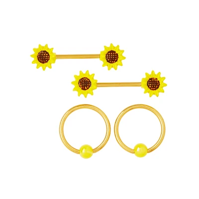 Multi-Pack Sunflower Nipple Barbells and Rings 2 Pair - 14 Gauge