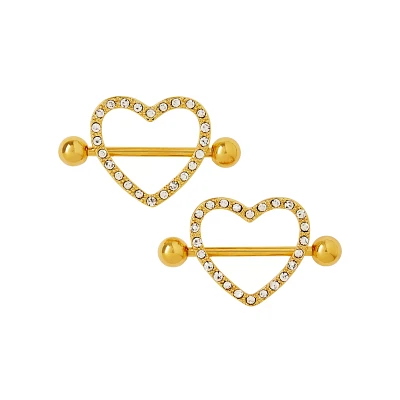 CZ Heart Gold-Tone Nipple Shields - 14 Gauge