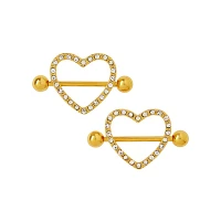 CZ Heart Gold-Tone Nipple Shields - 14 Gauge