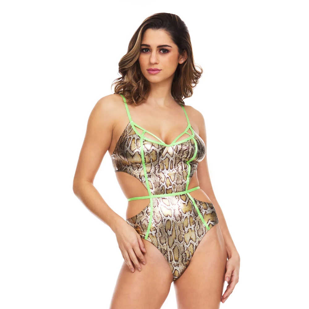 Snakeskin Bodysuit with Neon Strapping