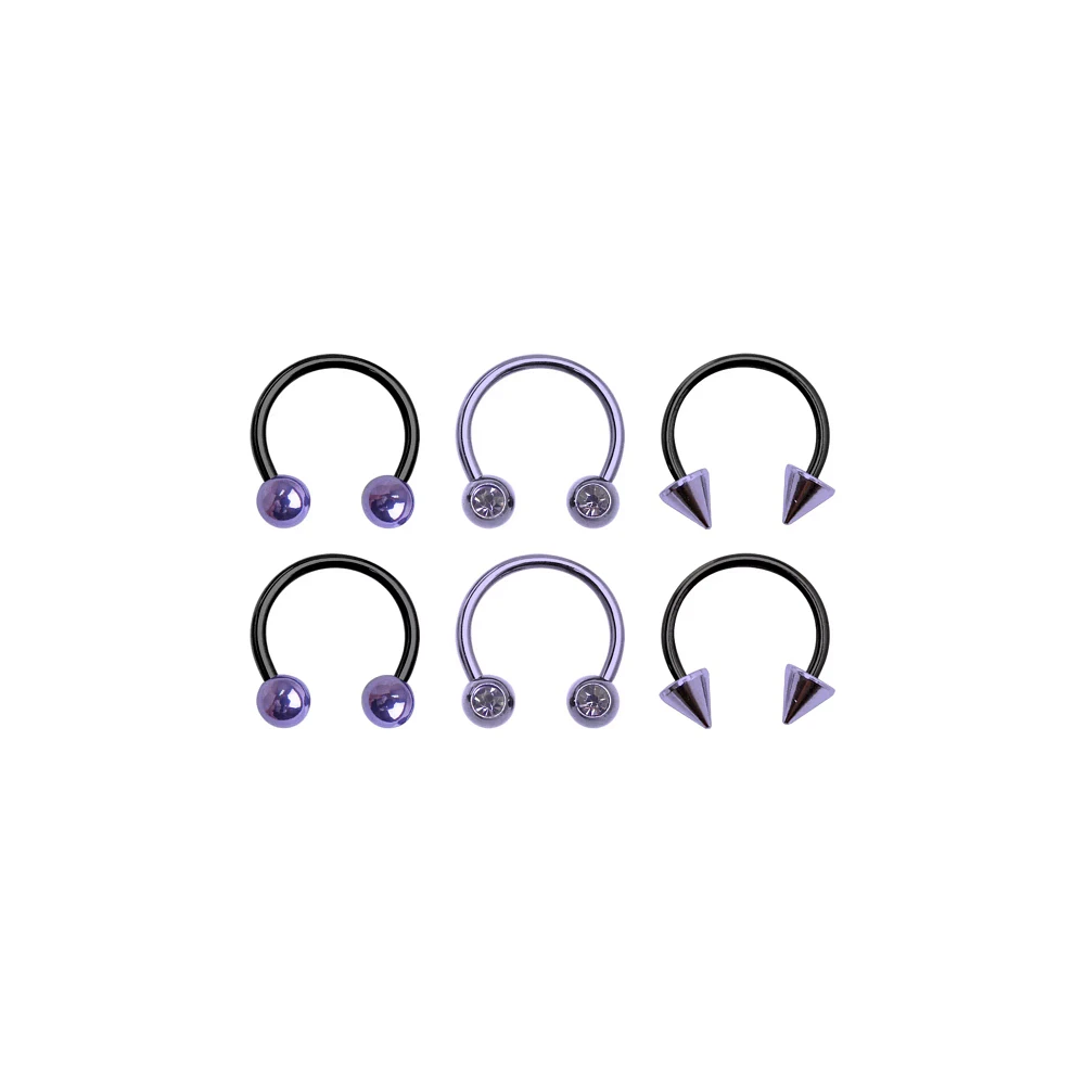 Multi-Pack Ombre Black and Purple Horseshoe and Captive Rings 6 Pack - 16 Gauge