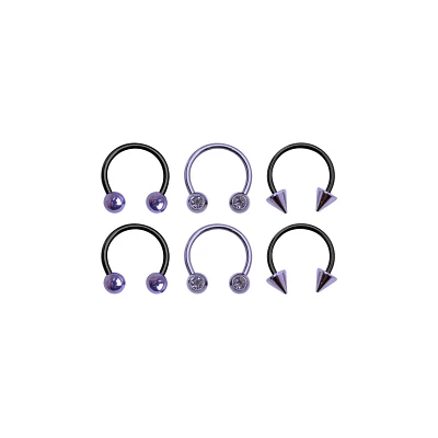 Multi-Pack Ombre Black and Purple Horseshoe and Captive Rings 6 Pack - 16 Gauge