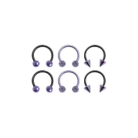 Multi-Pack Ombre Black and Purple Horseshoe and Captive Rings 6 Pack - 16 Gauge
