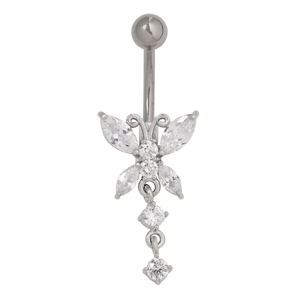 CZ Butterfly Pendant Belly Ring - 14 Gauge