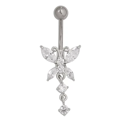 CZ Butterfly Pendant Belly Ring - 14 Gauge