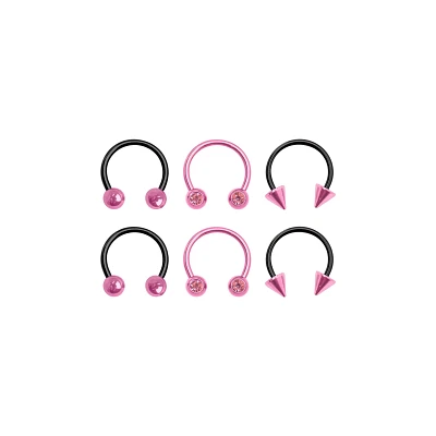 Black and Pink Horseshoe Rings - 3 Pair