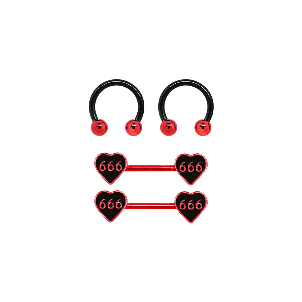 Multi-Pack 666 Horseshoe Rings and Barbells 2 Pair - 14 Gauge