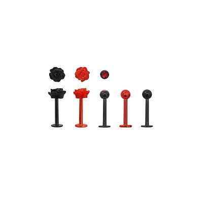 Multi-Pack Black and Red Rose Labret Lip Rings 5 Pack - 16 Gauge