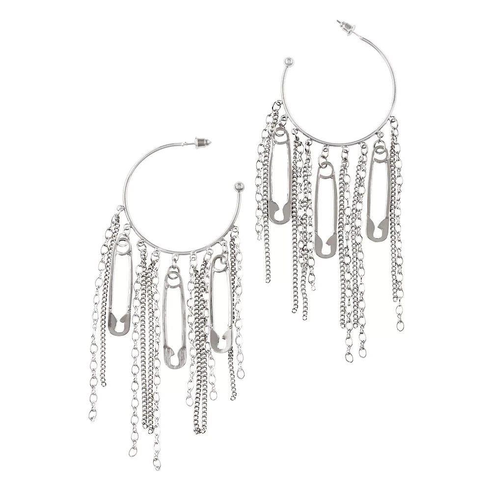 Silvertone Safety Pin Chain Hoop Earrings