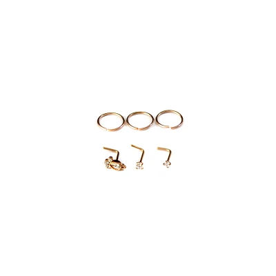 Multi-Pack CZ Rose Goldtone L Bend and Hoop Nose Rings 6 Pack - 20 Gauge