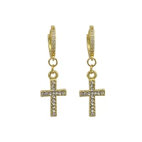 CZ Goldtone Cross Dangle Huggie Hoop Earrings