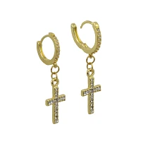 CZ Goldtone Cross Dangle Huggie Hoop Earrings