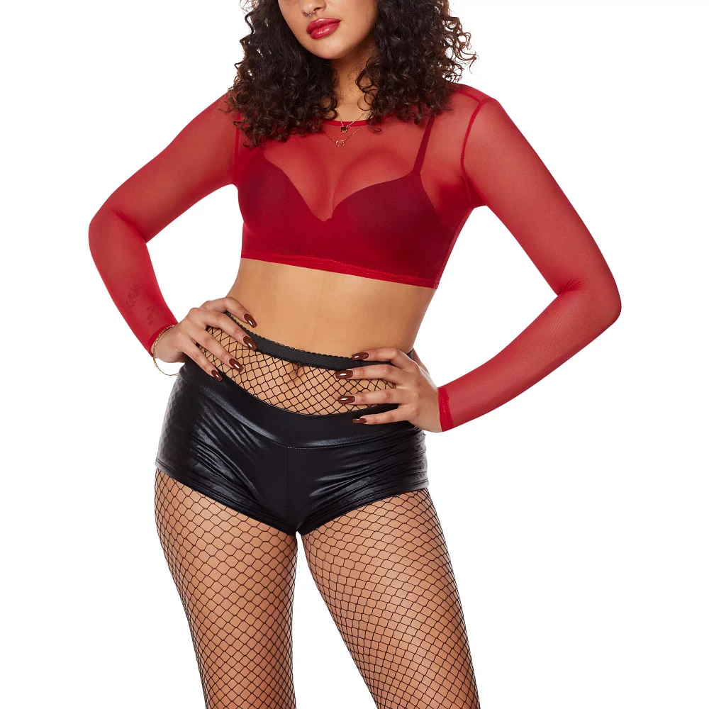 Long Sleeve Red Mesh Crop Top