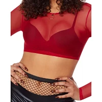 Long Sleeve Red Mesh Crop Top