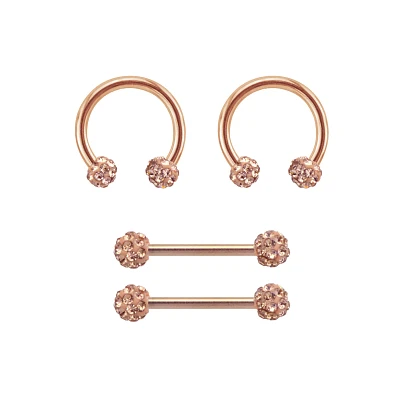 Multi-Pack Rose Goldtone Pave Nipple Barbells and Horseshoe Rings 2 Pair - 14 Gauge