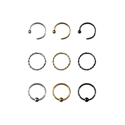 Multi-Pack Assorted Style Nose Rings 9 Pack - 20 Gauge