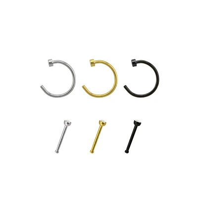 Multi-Pack CZ Goldtone Silertone Black Hoop Nose Rings and Bone 6 Pack - 20 Gauge