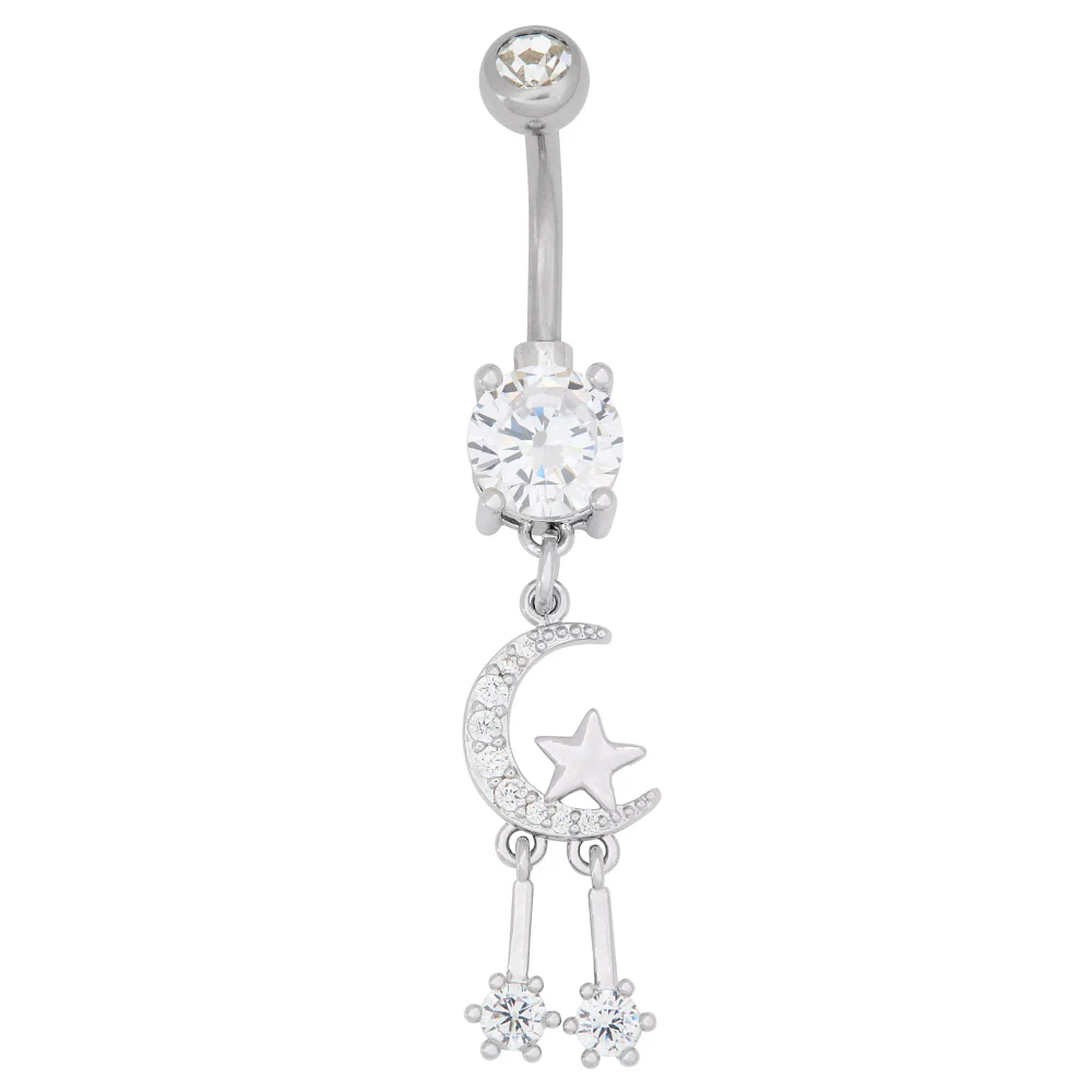 CZ Crescent Moon Dangle Belly Ring – 14 Gauge