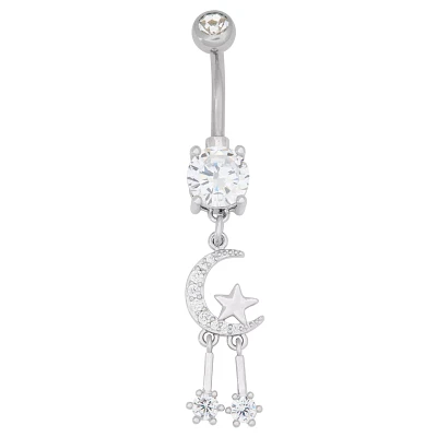 CZ Crescent Moon Dangle Belly Ring – 14 Gauge