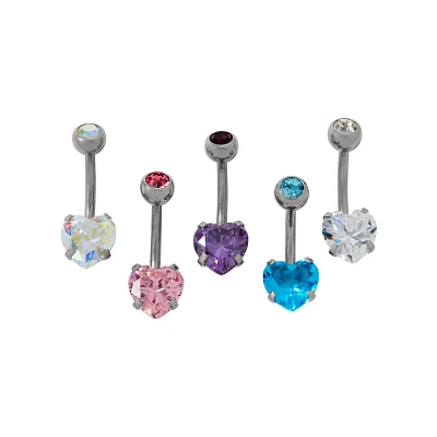 Multi-Pack CZ Heart Belly Rings 5 Pack – 14 Gauge