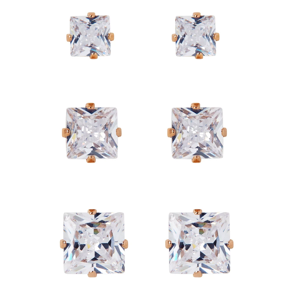 Multi-Pack Rose Goldtone CZ Square Stud Earrings 3 Pack – 20 Gauge