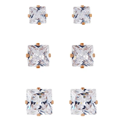 Multi-Pack Rose Goldtone CZ Square Stud Earrings 3 Pack – 20 Gauge
