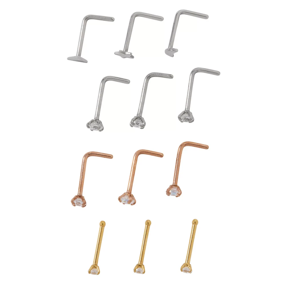 Multi-Pack CZ Star and Moon L Bend Bone Nose Rings 12 Pack – 20 Gauge