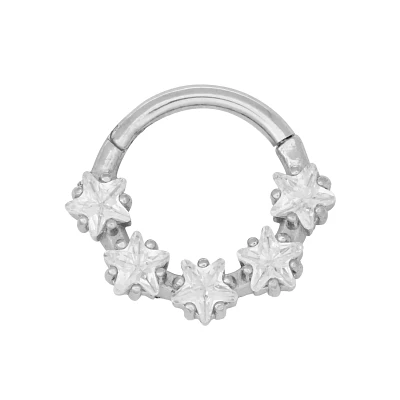 CZ Five Star Hinged Hoop Nose Ring - 16 Gauge