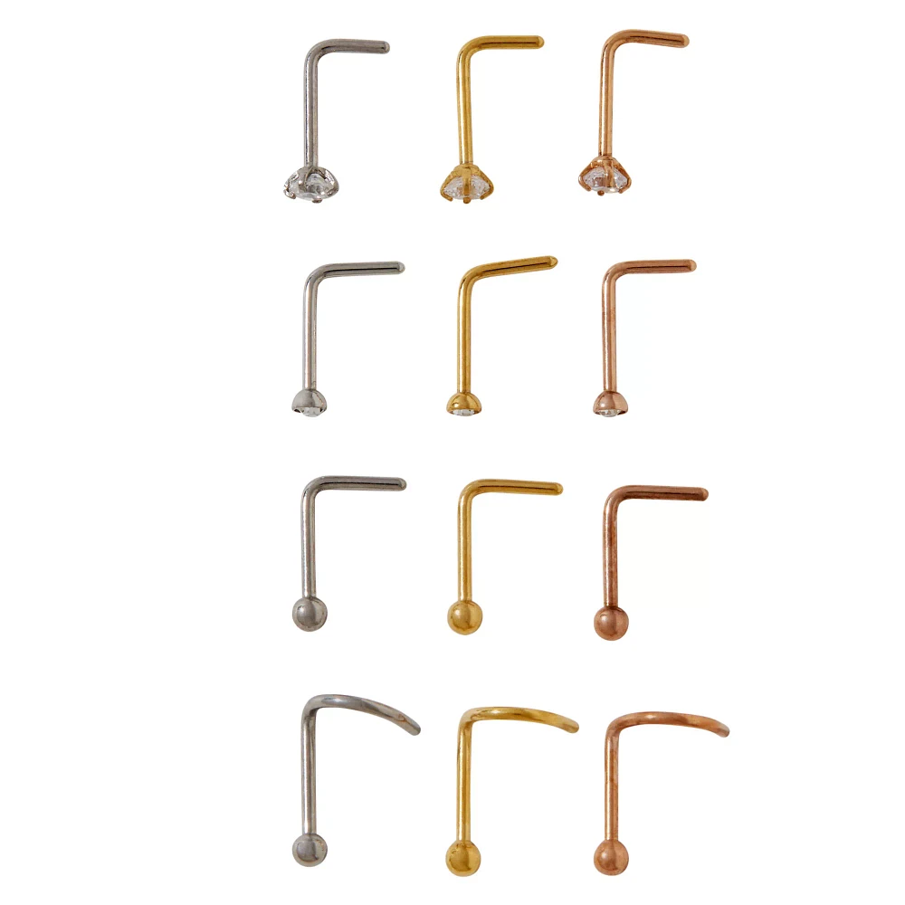 Multi-Pack CZ L -Bend Nose Ring 12 Pack – 20 Gauge
