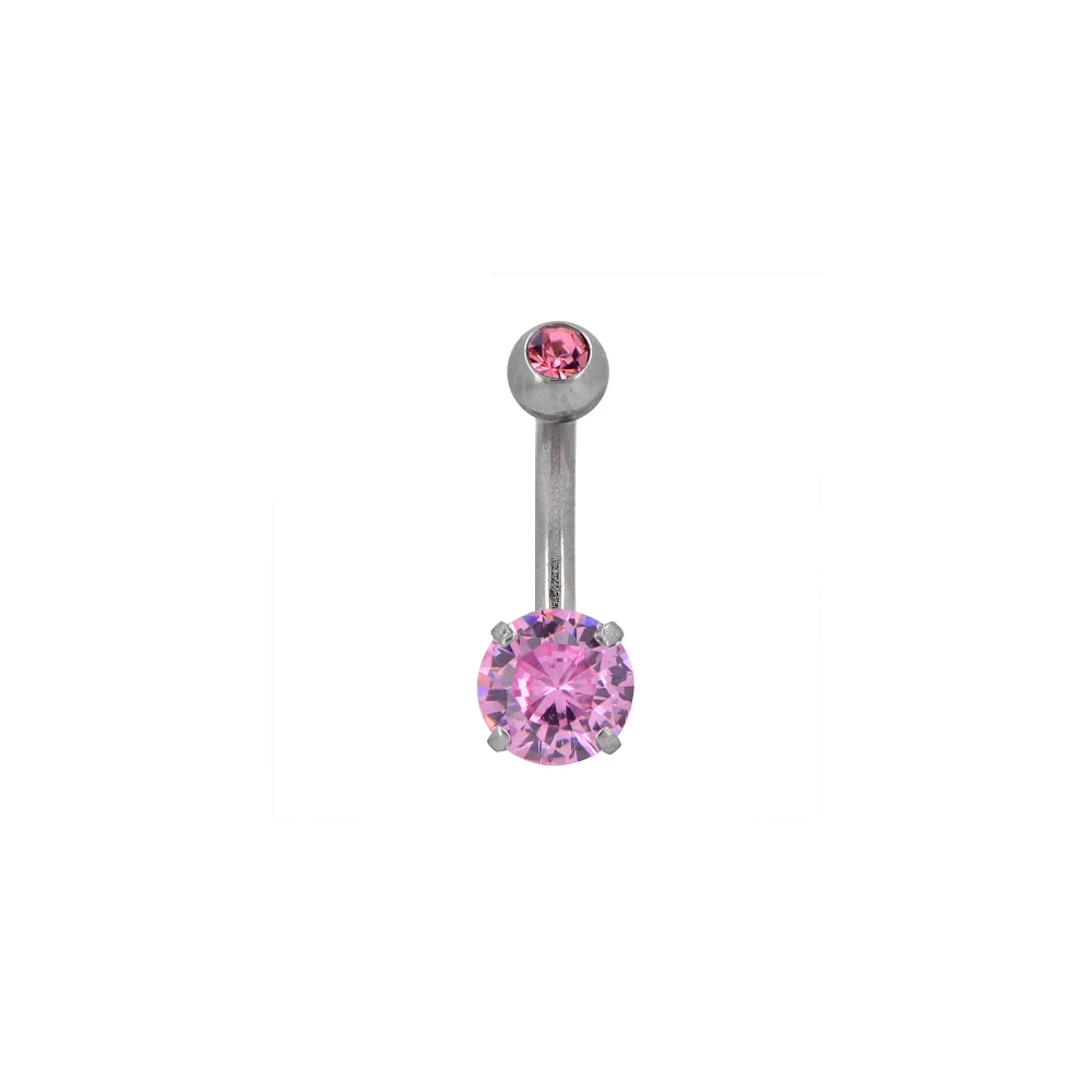 Silvertone CZ Pink Double Gem Effect Belly Ring - 14 Gauge