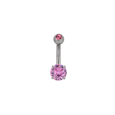 Silvertone CZ Pink Double Gem Effect Belly Ring - 14 Gauge