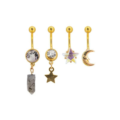 Multi-Pack CZ Moon and Stars Belly Rings 4 Pack - 14 Gauge