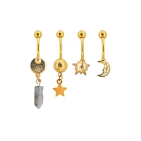 Multi-Pack CZ Moon and Stars Belly Rings 4 Pack - 14 Gauge