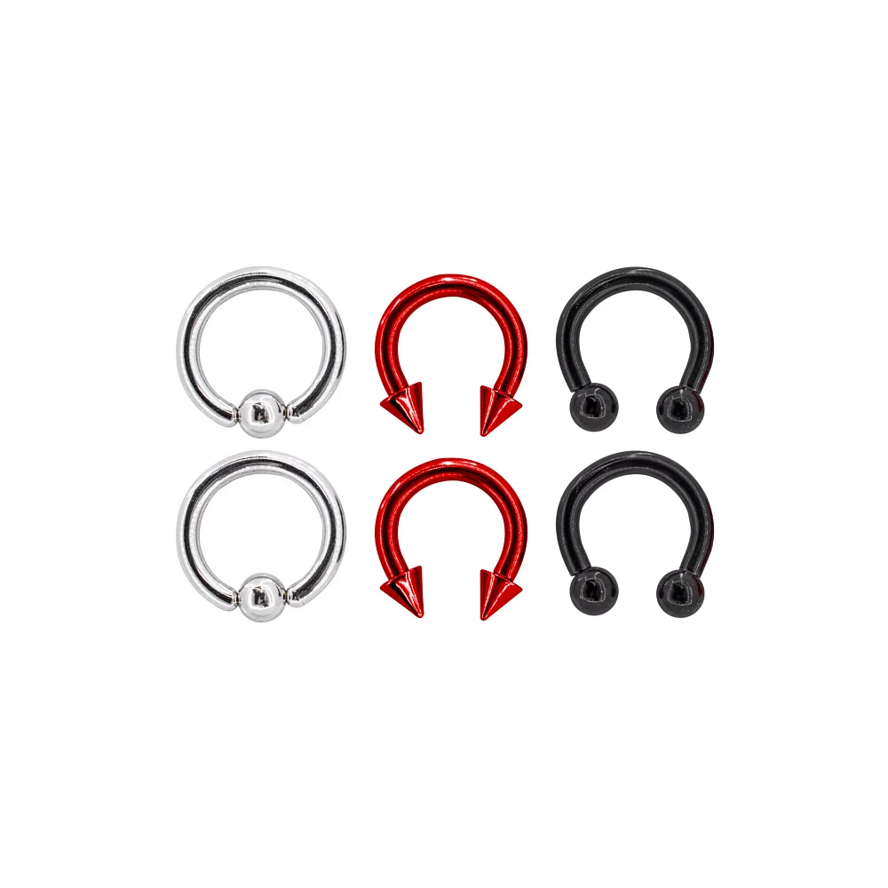 Multi-Pack Silvertone and Black Captive Bead Rings and Horseshoe Rings 6 Pack