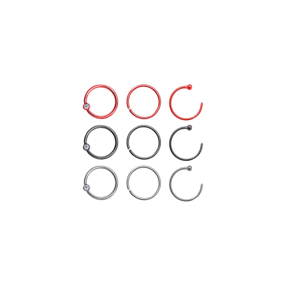 Multi-Pack CZ Red and Black Hoop Nose Rings 9 Pack – 20 Gauge