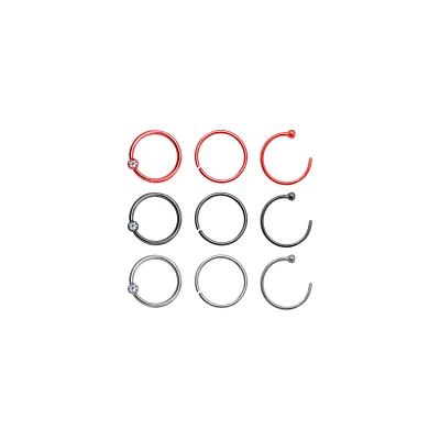Multi-Pack CZ Red and Black Hoop Nose Rings 9 Pack – 20 Gauge