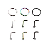 Multi-Pack CZ  L Bend and Hoop Nose Rings 9 Pack - 20 Gauge