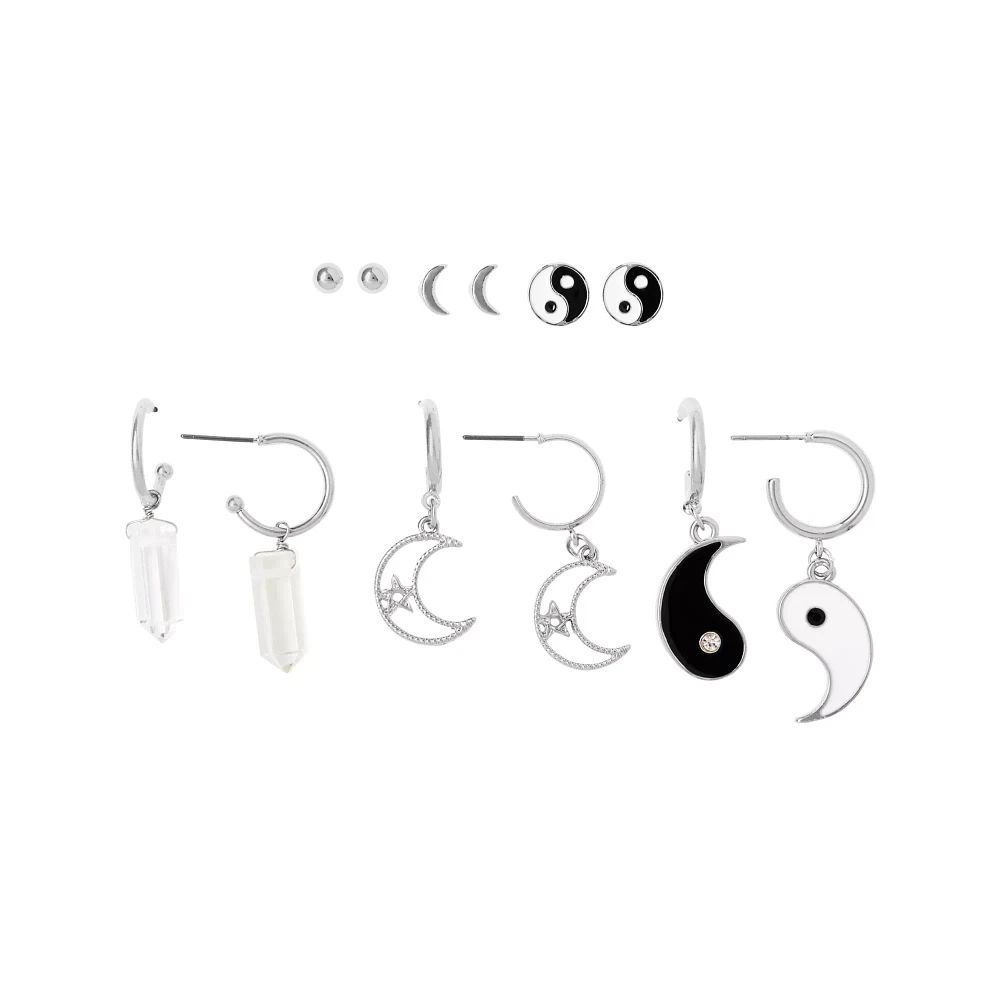 Multi-Pack Yin Yang and Moon Hoop and Stud Earrings – 6 Pair