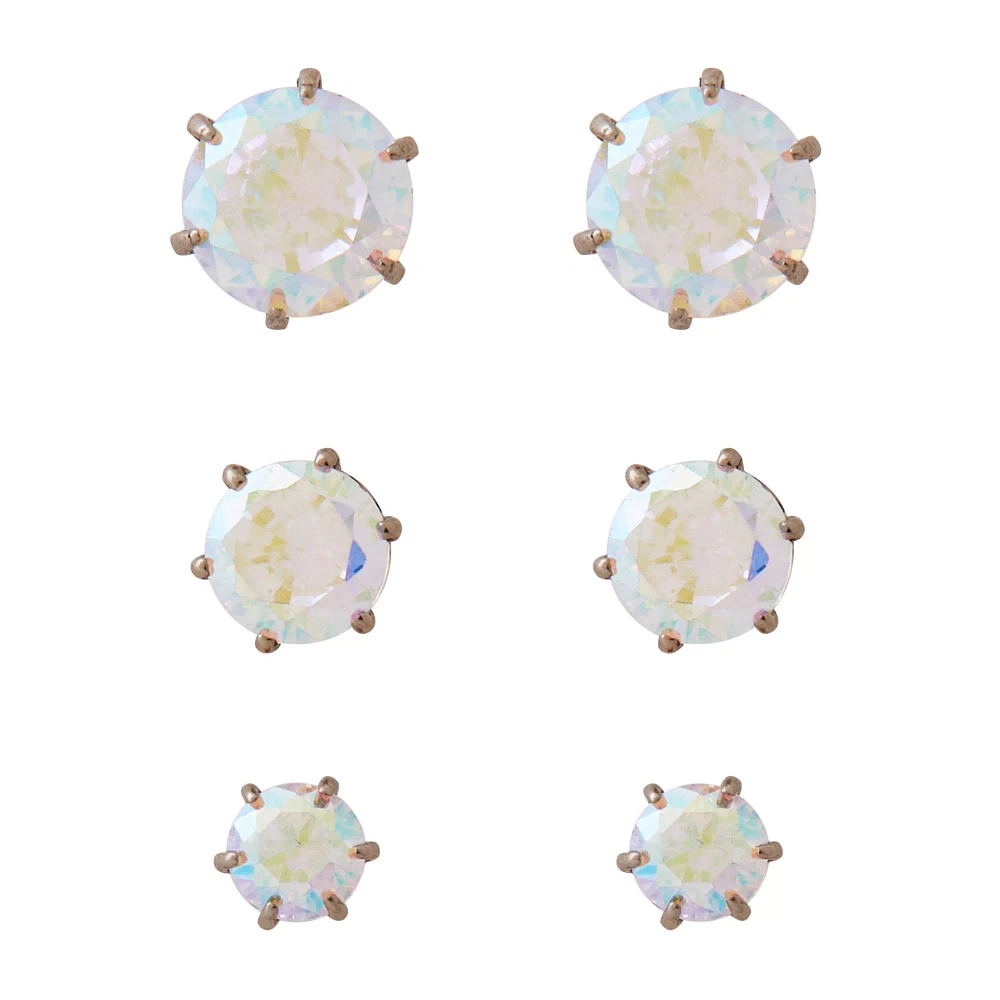 Round CZ Titanium Stud Earrings 3 Pair - 20 Gauge