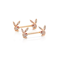 Rose Goldtone Clear CZ Playboy Bunny Nipple Barbells