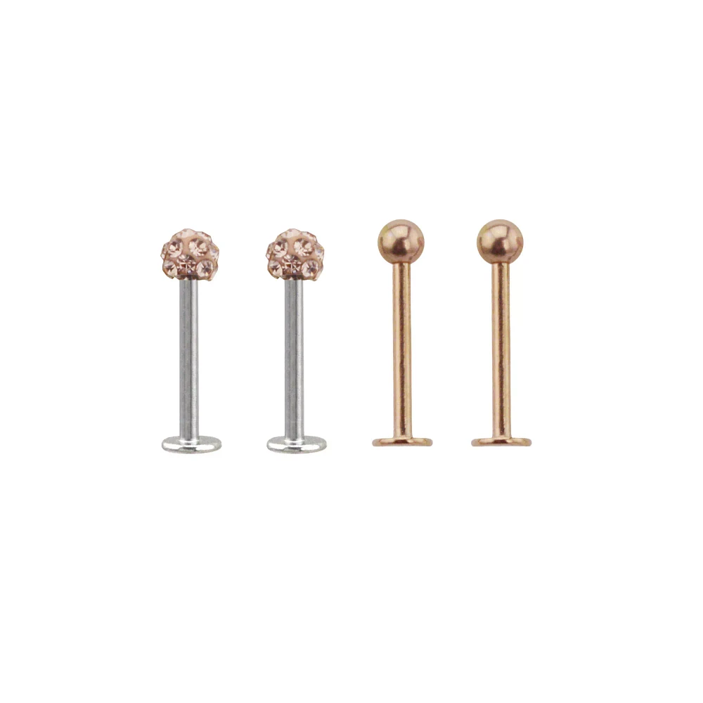 Multi-Pack Rosegold Plated CZ Dimple Labret Lip Rings 4 Pack - 16 Gauge