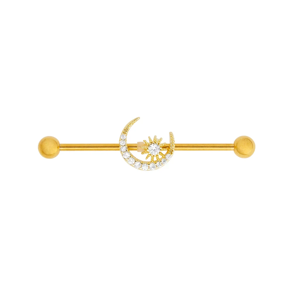 Goldplated CZ Sun and Moon Industrial Barbell - 14 Gauge