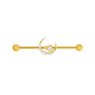 Goldplated CZ Sun and Moon Industrial Barbell - 14 Gauge