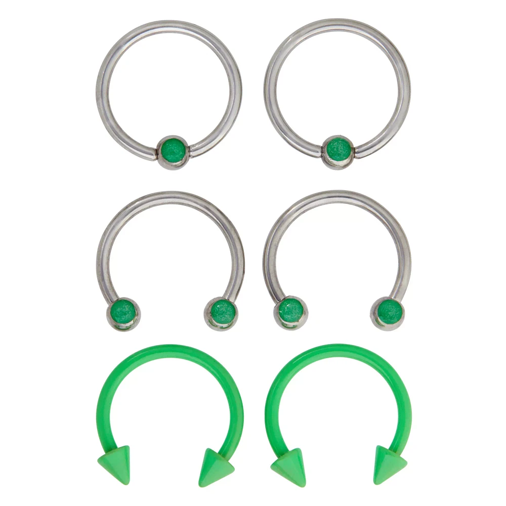 Multi-Pack Glow in the Dark Captive Bead And Horseshoe Rings 6 Pack - 16 Gauge