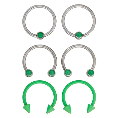 Multi-Pack Glow in the Dark Captive Bead And Horseshoe Rings 6 Pack - 16 Gauge