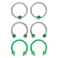 Multi-Pack Glow in the Dark Captive Bead And Horseshoe Rings 6 Pack - 16 Gauge