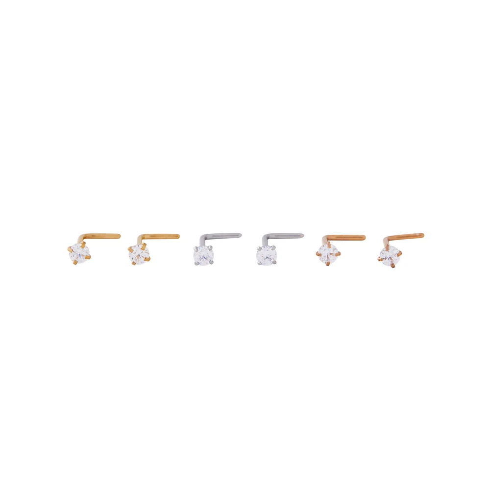 Multi-Pack Prong CZ L-Bend Nose Rings 6 Pack – 20 Gauge