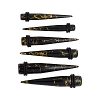 Black and Goldtone Marble Ear Tapers Kit - 6 Pair